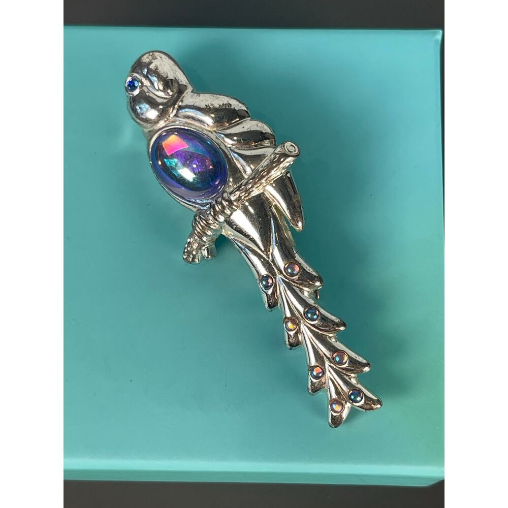 Vintage Monet “Jelly Belly” Parrot Brooch Iridescent Crystal Body-Silver Tone